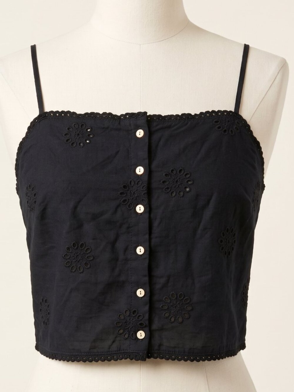 J by Joie Black Eyelet Embroidered Button Front Crop Cami Top XL Smocked